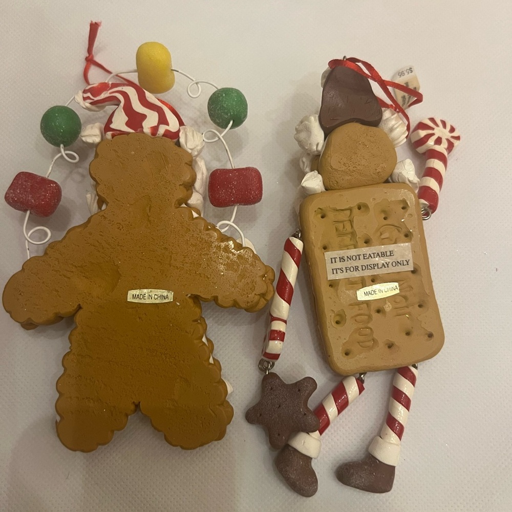 Set of 2 Santa gingerbread ornaments icing gumdrop crate & barrel peppermint - Picture 4 of 8